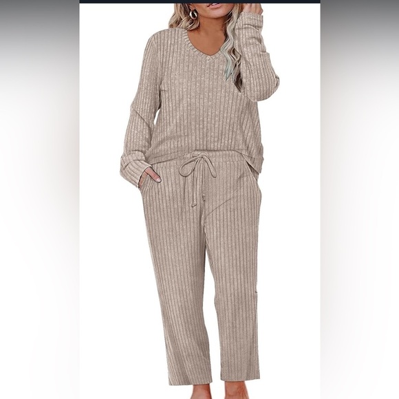 None Other - Cozy Ribbed Knit Lounge Set in Beige